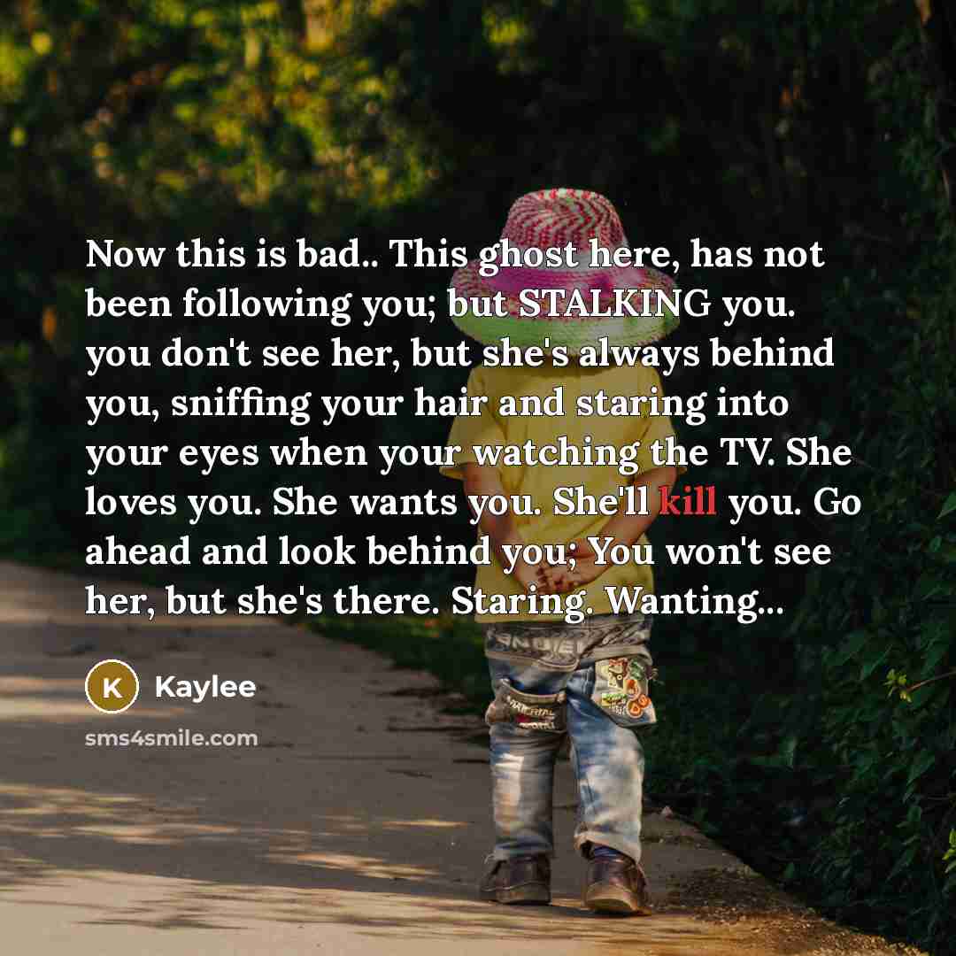 “Now this is bad.. This ghost here, has not been following you; but STALKING you. you don't see her, but she's always behind you, sniffing your hair and staring into your eyes when your watching the TV. She loves you. She wants you. She'll kill you. Go ahead and look behind you; You won't see her…” quote by Kaylee