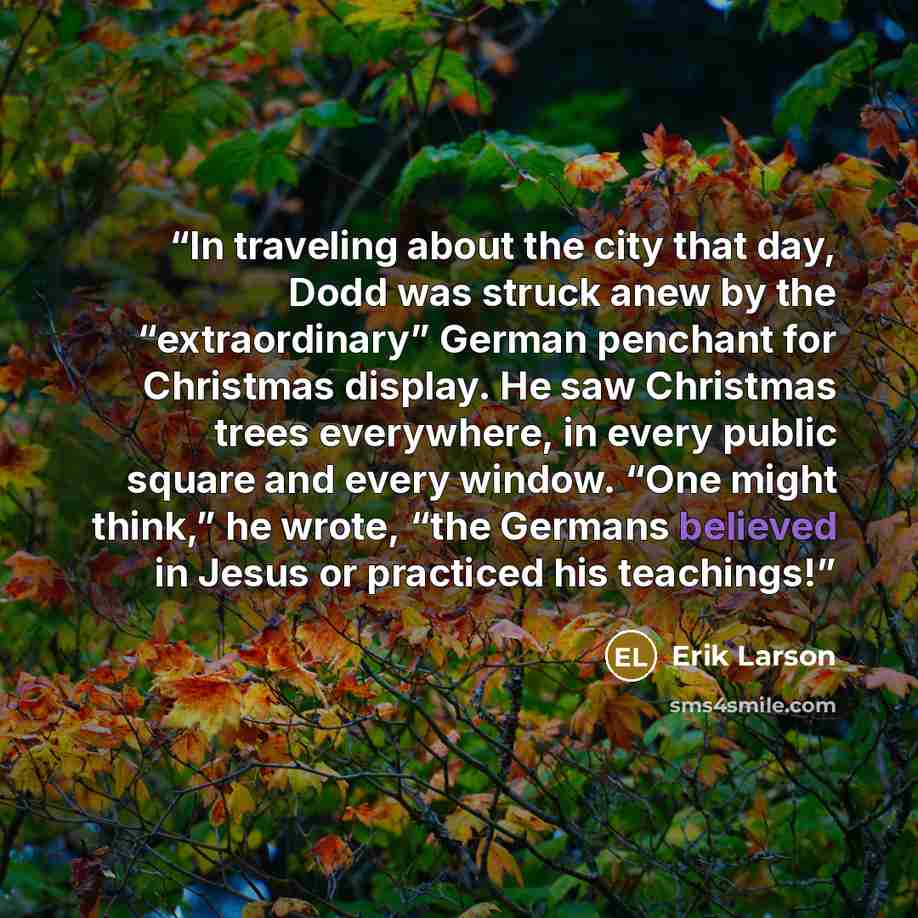 “In traveling about the city that day, Dodd was struck anew by the “extraordinary” German penchant for Christmas display. He saw Christmas trees everywhere, in every public square and every window. “One might think,” he wrote, “the Germans believed in Jesus or practiced his teachings!” quote by Erik Larson