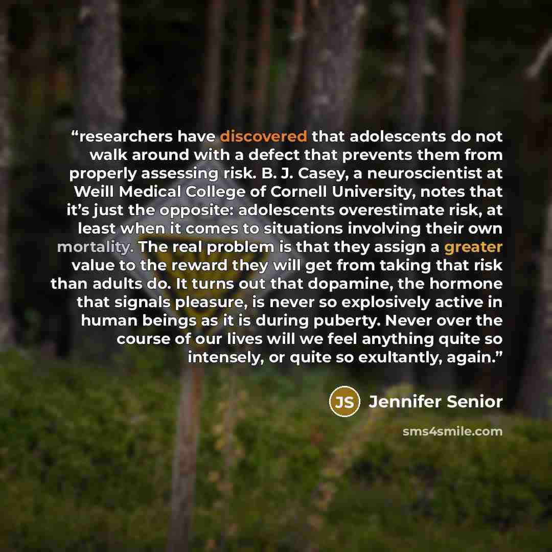 “researchers have discovered that adolescents do not walk around with a defect that prevents them from properly assessing risk. B. J. Casey, a neuroscientist at Weill Medical College of Cornell University, notes that it’s just the opposite: adolescents overestimate risk, at least when it comes to…” quote by Jennifer Senior
