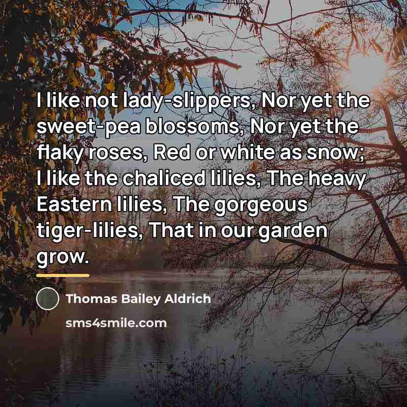 “I like not lady-slippers, Nor yet the sweet-pea blossoms, Nor…” quote by Thomas Bailey Aldrich