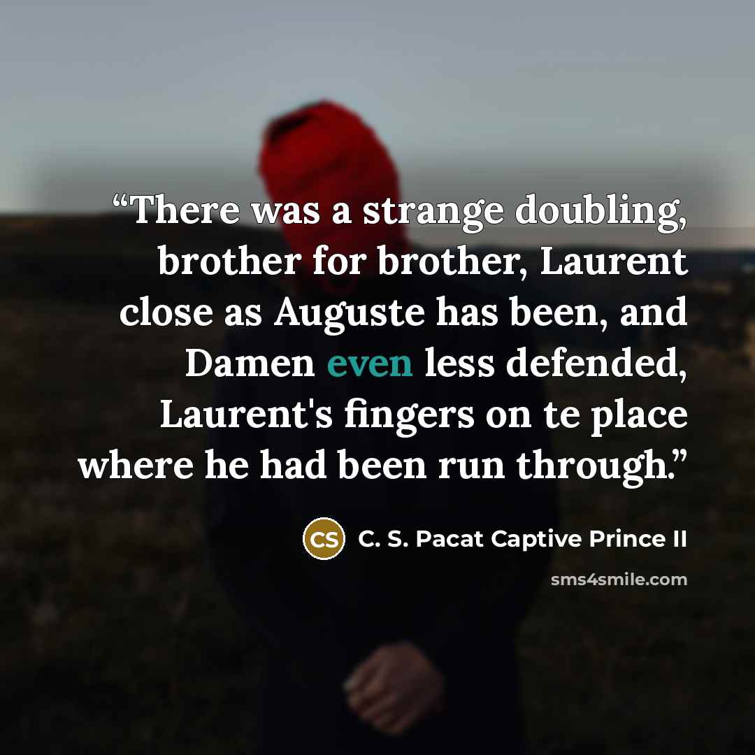 “There was a strange doubling, brother for brother, Laurent close as Auguste has been, and Damen even less defended, Laurent's fingers on te place where he had been run through.” quote by C. S. Pacat Captive Prince II