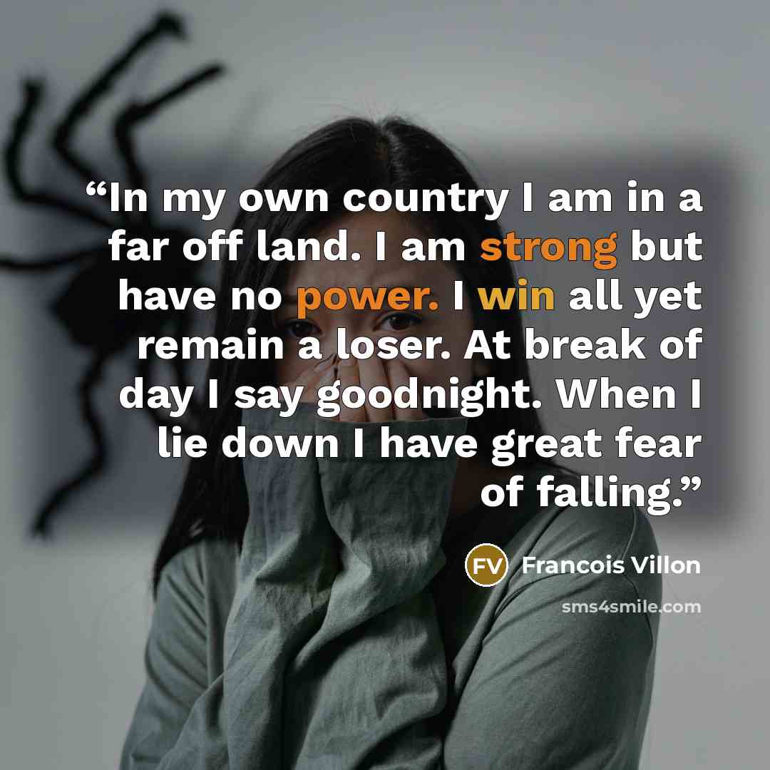 “In my own country I am in a far off land. I am strong but have no power. I win all yet remain a loser. At break of day I say goodnight. When I lie down I have great fear of falling.” quote by Francois Villon