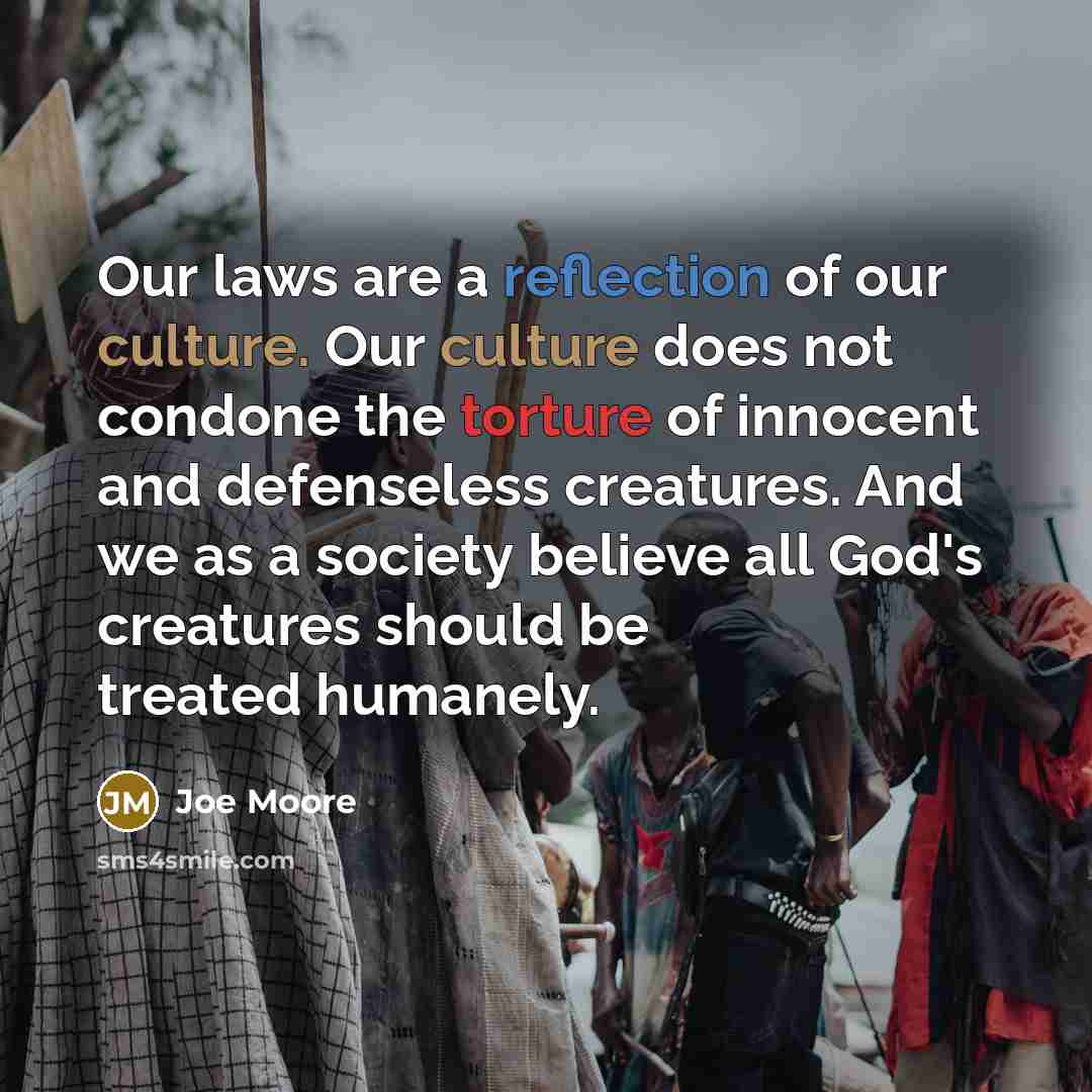“Our laws are a reflection of our culture. Our culture does not condone the torture of innocent and defenseless creatures. And we as a society believe all God's creatures should be treated humanely.” quote by Joe Moore