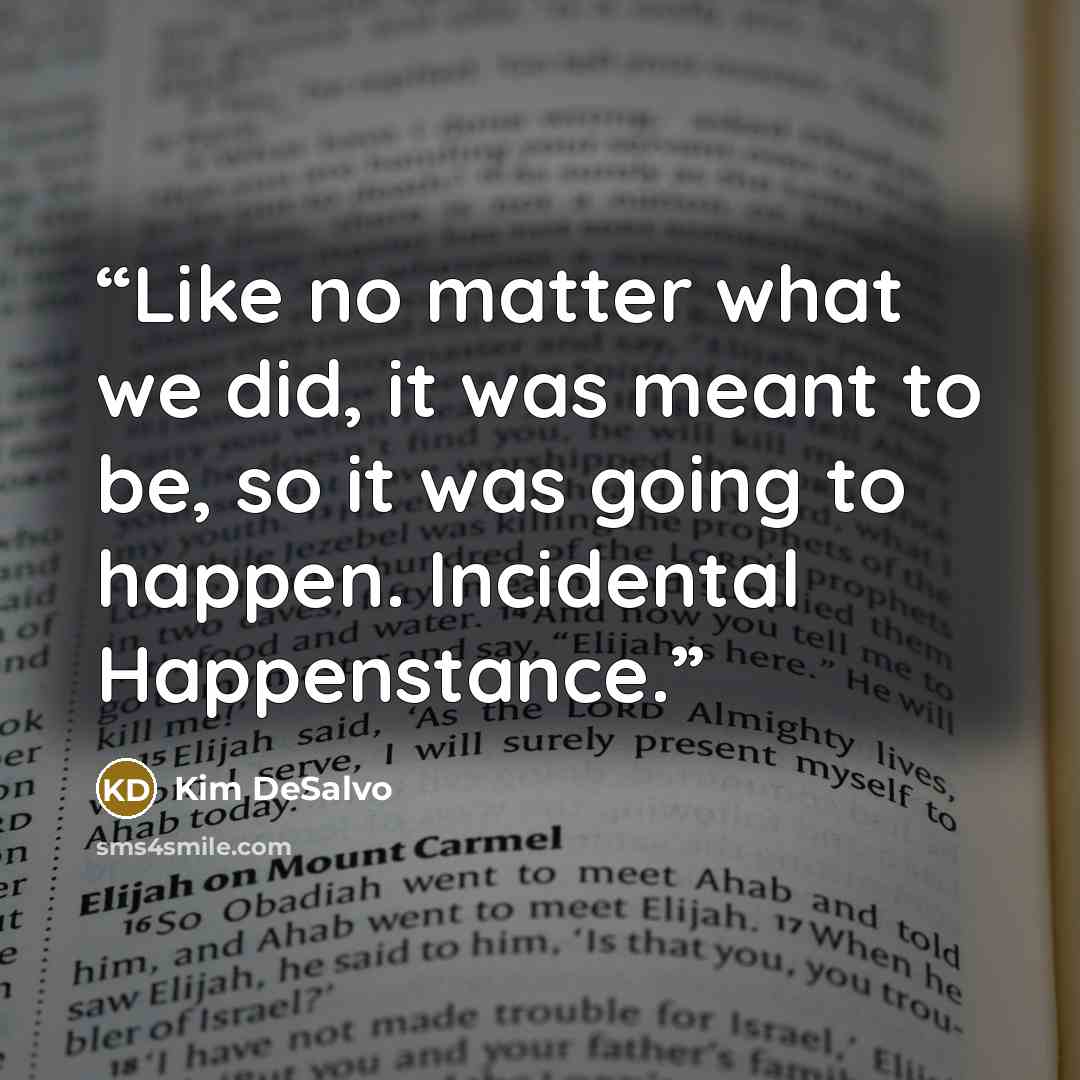 “Like no matter what we did, it was meant to be, so it was going to happen. Incidental Happenstance.” quote by Kim DeSalvo