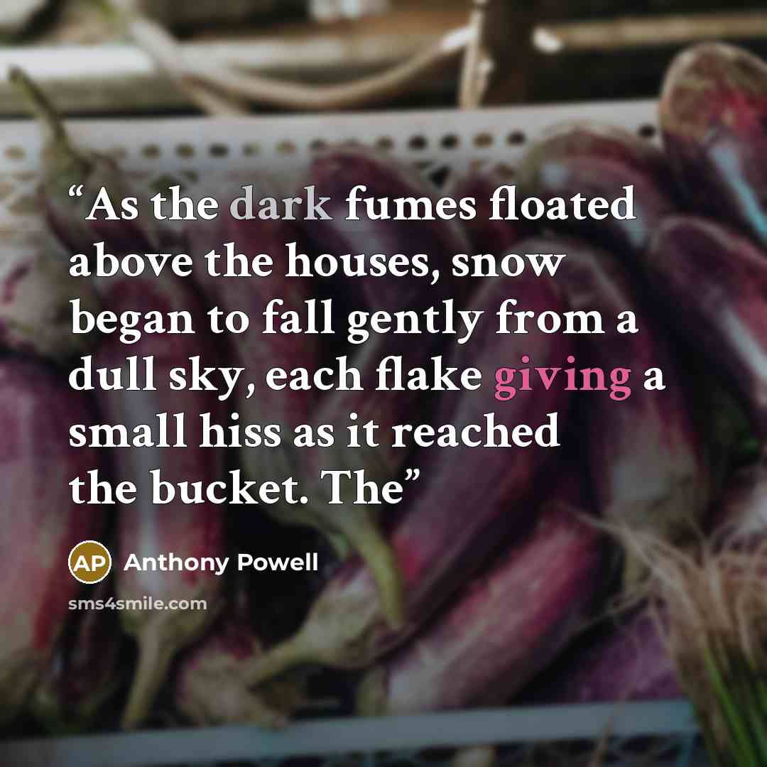 “As the dark fumes floated above the houses, snow began to fall gently from a dull sky, each flake giving a small hiss as it reached the bucket. The” quote by Anthony Powell