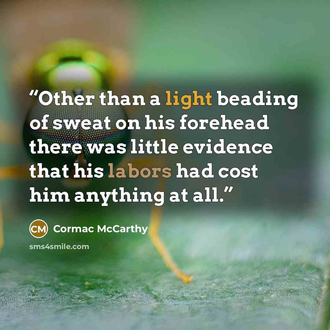 “Other than a light beading of sweat on his forehead there was little evidence that his labors had cost him anything at all.” quote by Cormac McCarthy