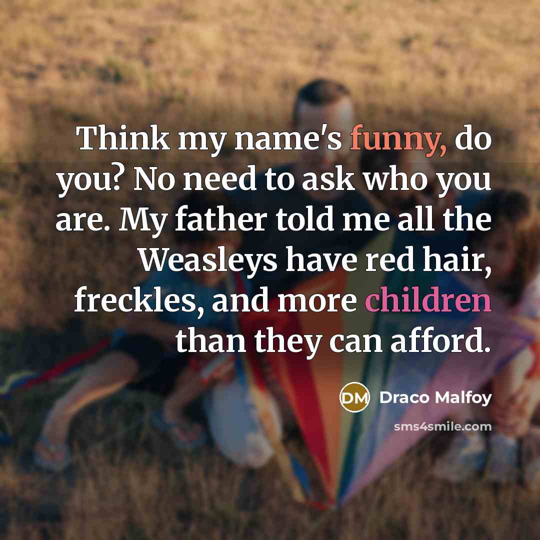 “Think my name's funny, do you? No need to ask who you are. My father told me all the Weasleys have red hair, freckles, and more children than they can afford.” quote by Draco Malfoy
