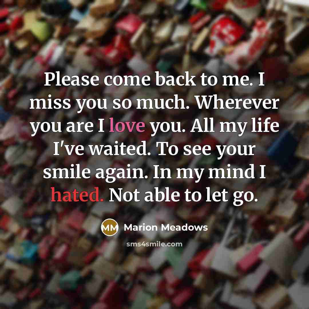 “Please come back to me. I miss you so much. Wherever you are I love you. All my life I've waited. To see your smile again. In my mind I hated. Not able to let go.” quote by Marion Meadows