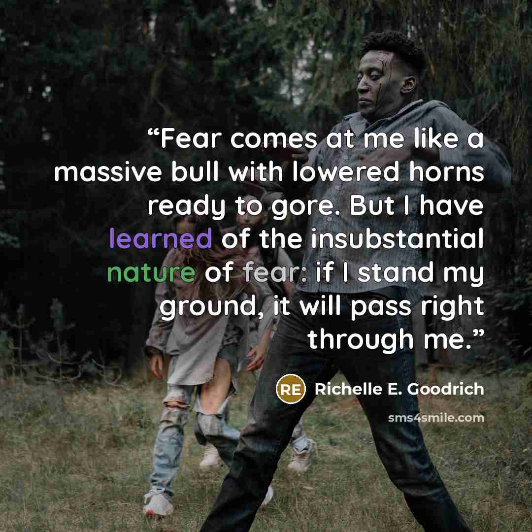 “Fear comes at me like a massive bull with lowered horns ready to gore. But I have learned of the insubstantial nature of fear: if I stand my ground, it will pass right through me.” quote by Richelle E. Goodrich