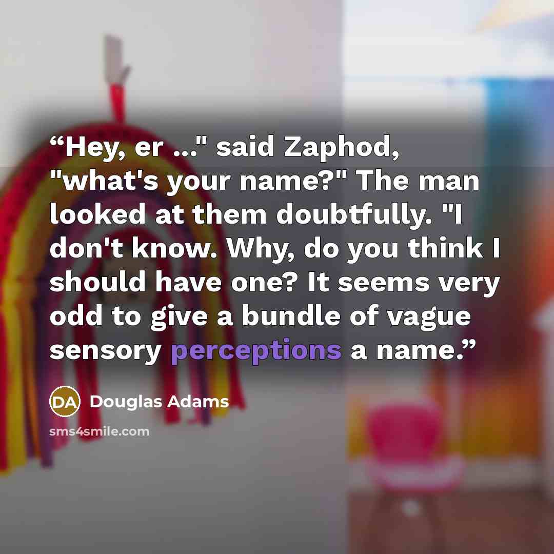 “Hey, er ..." said Zaphod, "what's your name?" The man looked at them doubtfully. "I don't know. Why, do you think I should have one? It seems very odd to give a bundle of vague sensory perceptions a name.” quote by Douglas Adams