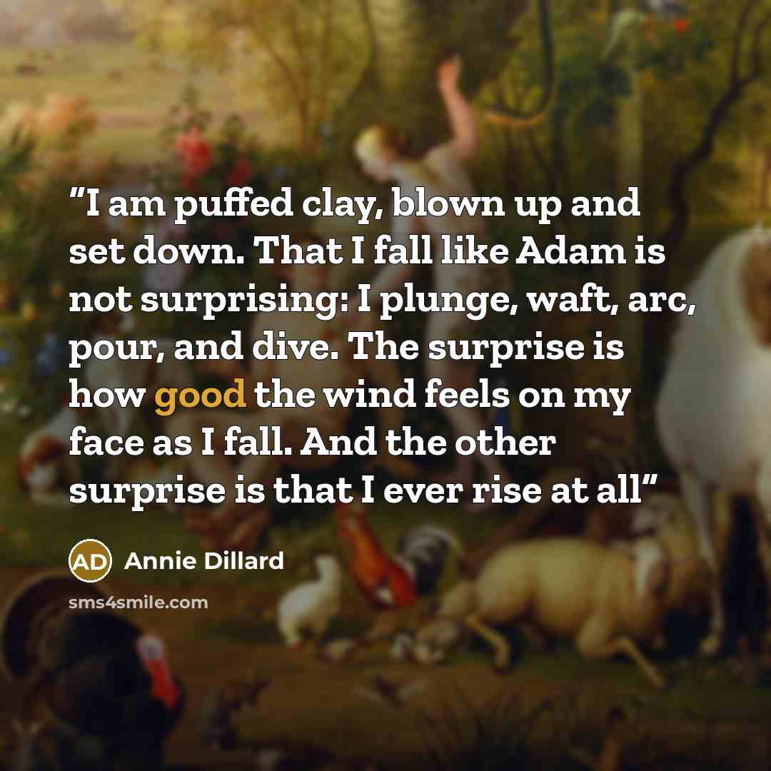 “I am puffed clay, blown up and set down. That I fall like Adam is not surprising: I plunge, waft, arc, pour, and dive. The surprise is how good the wind feels on my face as I fall. And the other surprise is that I ever rise at all” quote by Annie Dillard