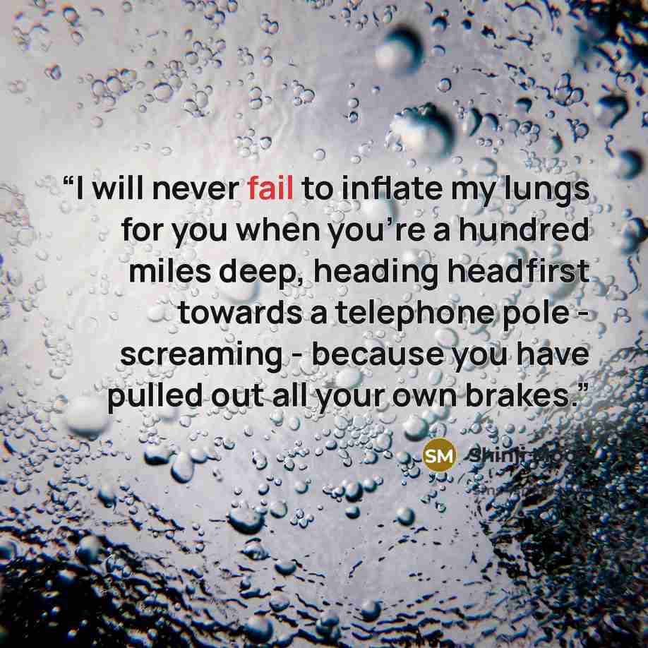 “I will never fail to inflate my lungs for you when you're a hundred miles deep, heading headfirst towards a telephone pole - screaming - because you have pulled out all your own brakes.” quote by Shinji Moon