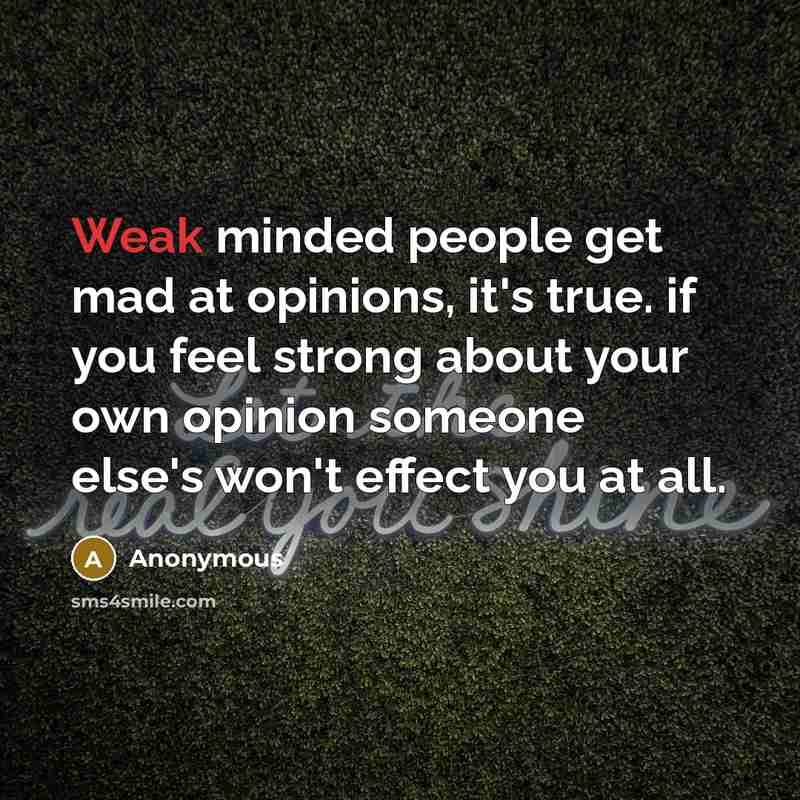 “Weak minded people get mad at opinions, it's true. if you feel strong about your own opinion someone else's won't effect you at all.” quote by Anonymous