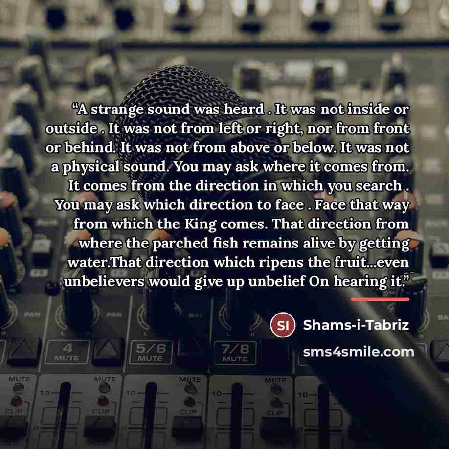 “A strange sound was heard . It was not inside or outside . It was not from left or right, nor from front or behind. It was not from above or below. It was not a physical sound. You may ask where it comes from. It comes from the direction in which you search . You may ask which direction to face…” quote by Shams-i-Tabriz