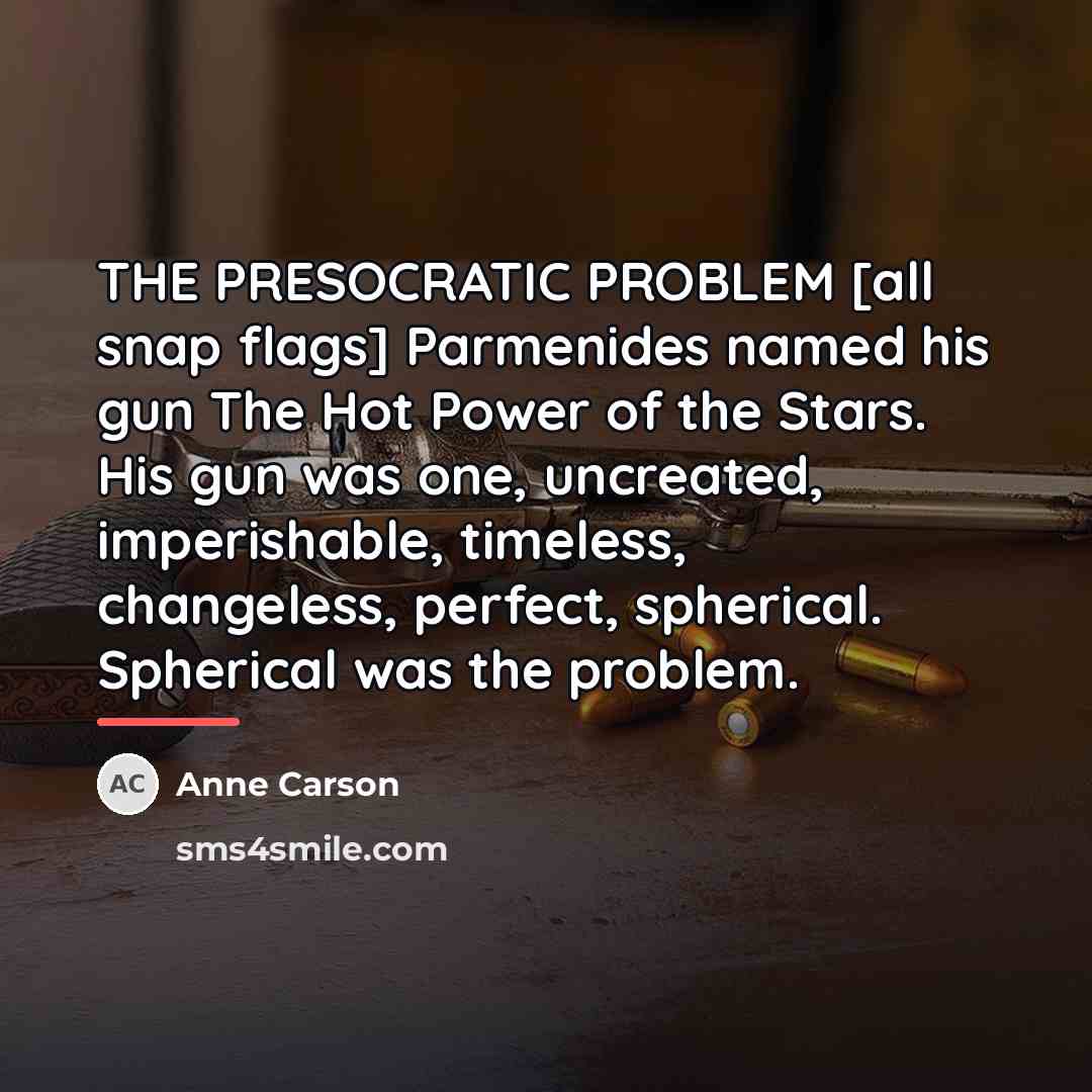 “THE PRESOCRATIC PROBLEM [all snap flags] Parmenides named his gun…” quote by Anne Carson