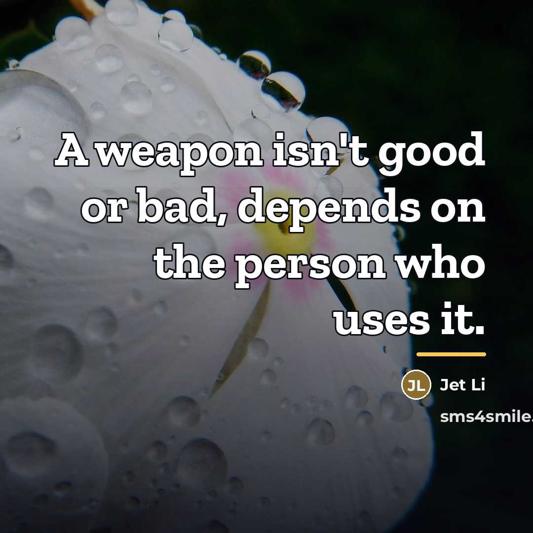 “A weapon isn't good or bad, depends on the person…” quote by Jet Li
