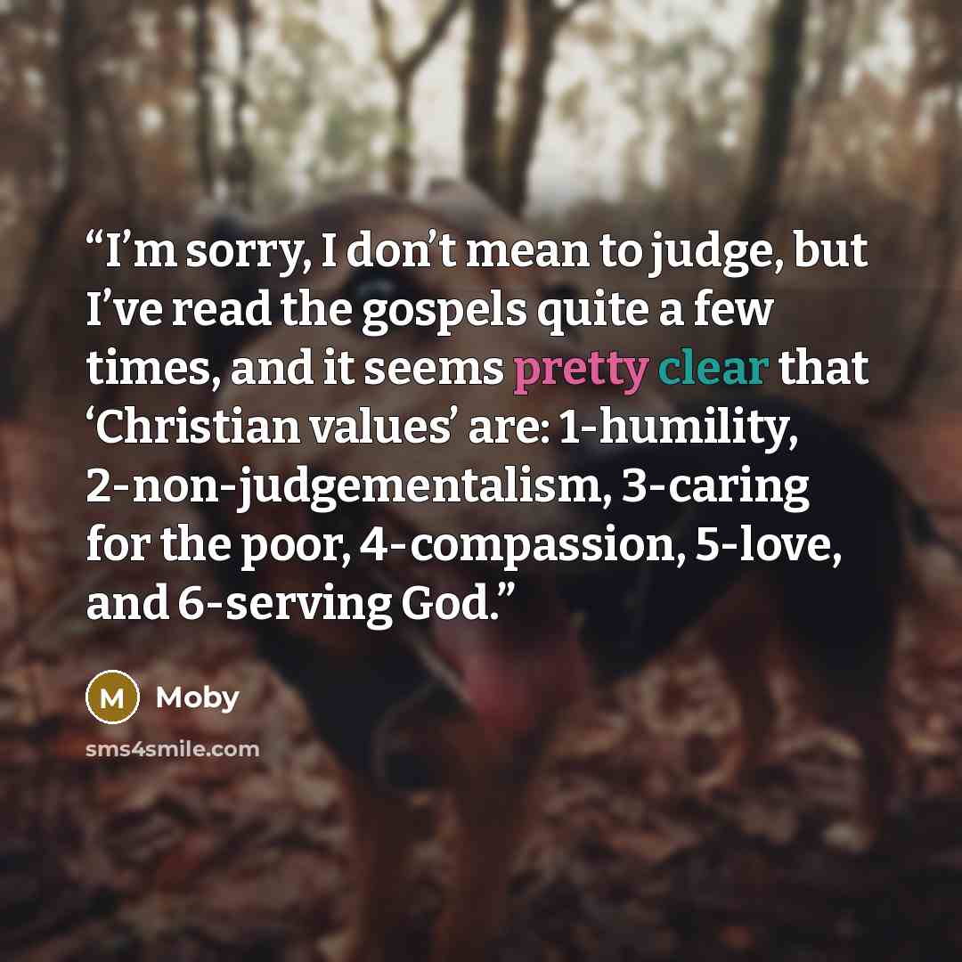 “I’m sorry, I don’t mean to judge, but I’ve read the gospels quite a few times, and it seems pretty clear that ‘Christian values’ are: 1-humility, 2-non-judgementalism, 3-caring for the poor, 4-compassion, 5-love, and 6-serving God.” quote by Moby
