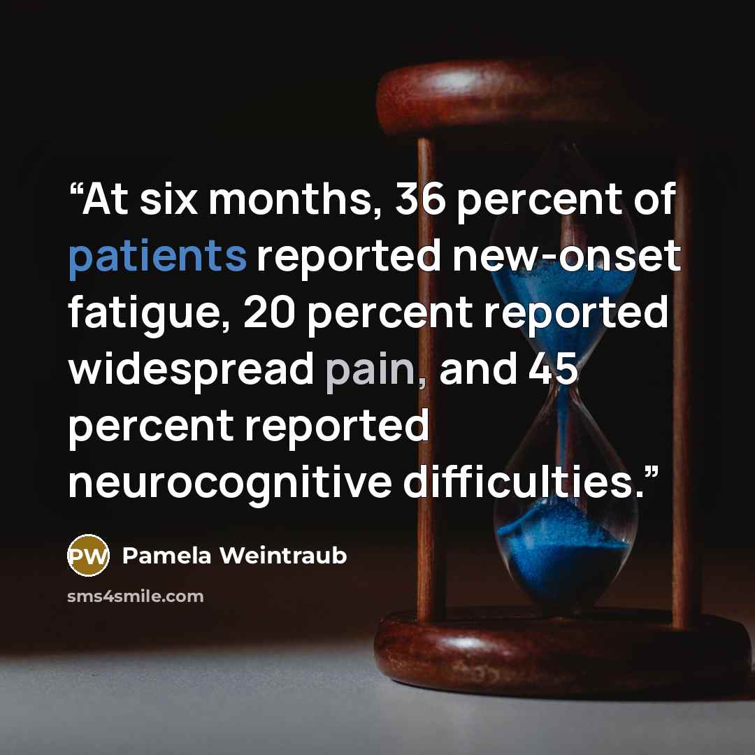 “At six months, 36 percent of patients reported new-onset fatigue, 20 percent reported widespread pain, and 45 percent reported neurocognitive difficulties.” quote by Pamela Weintraub