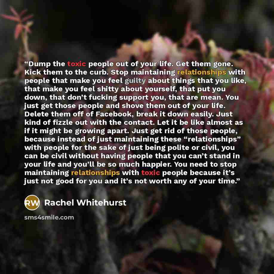 “Dump the toxic people out of your life. Get them gone. Kick them to the curb. Stop maintaining relationships with people that make you feel guilty about things that you like, that make you feel shitty about yourself, that put you down, that don’t fucking support you, that are mean. You just get…” quote by Rachel Whitehurst