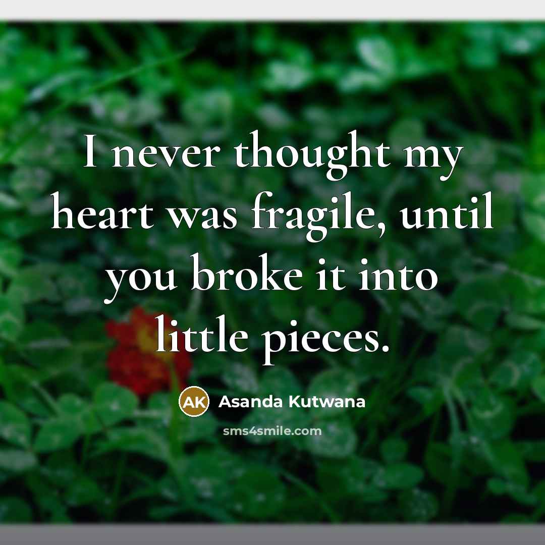 “I never thought my heart was fragile, until you broke it into little pieces.” quote by Asanda Kutwana