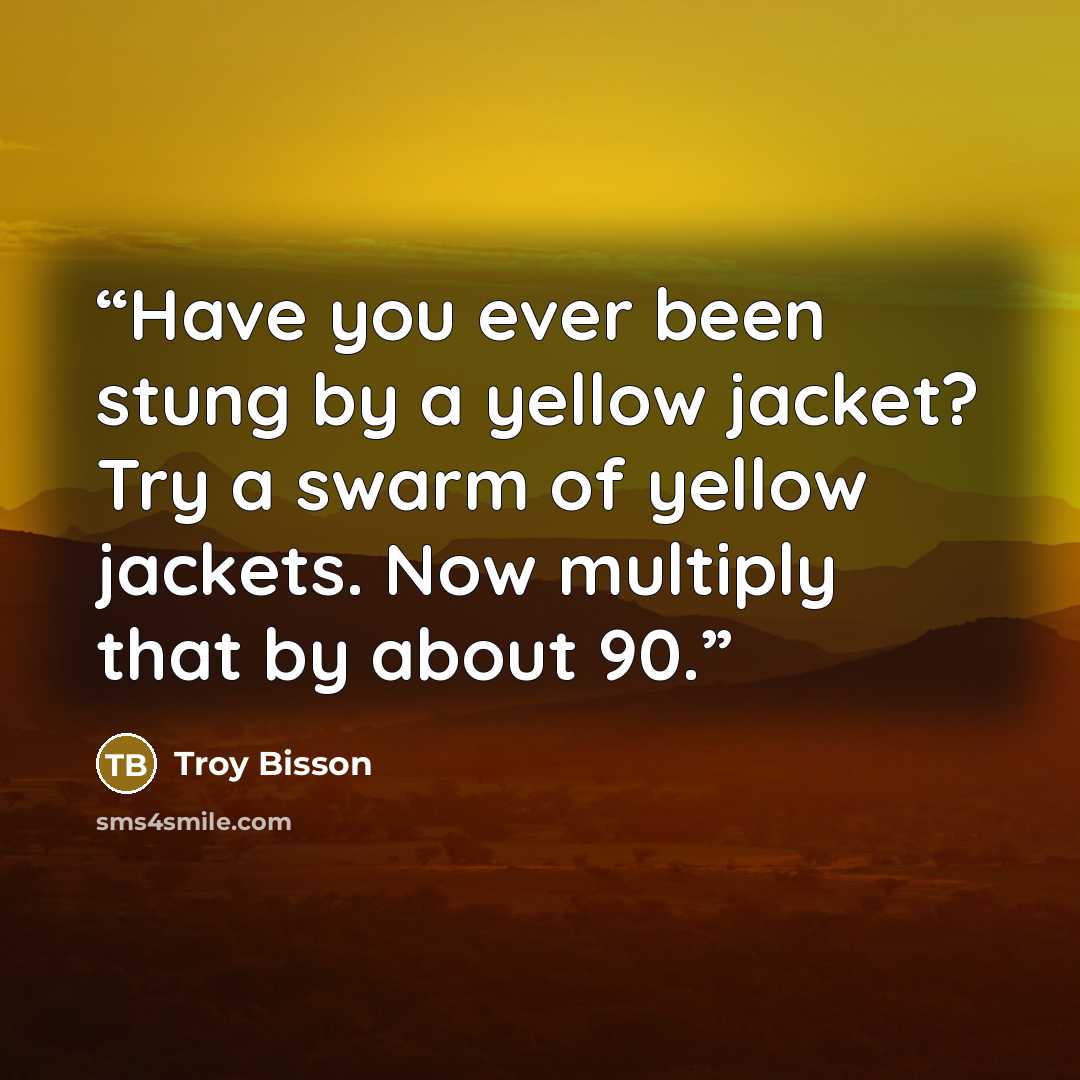 “Have you ever been stung by a yellow jacket? Try a swarm of yellow jackets. Now multiply that by about 90.” quote by Troy Bisson