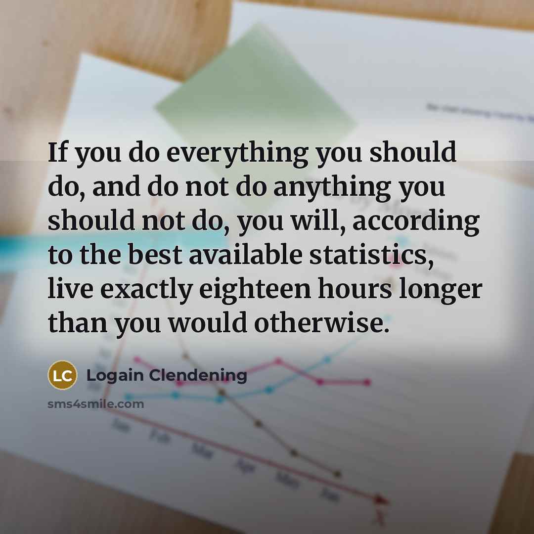“If you do everything you should do, and do not do anything you should not do, you will, according to the best available statistics, live exactly eighteen hours longer than you would otherwise.” quote by Logain Clendening