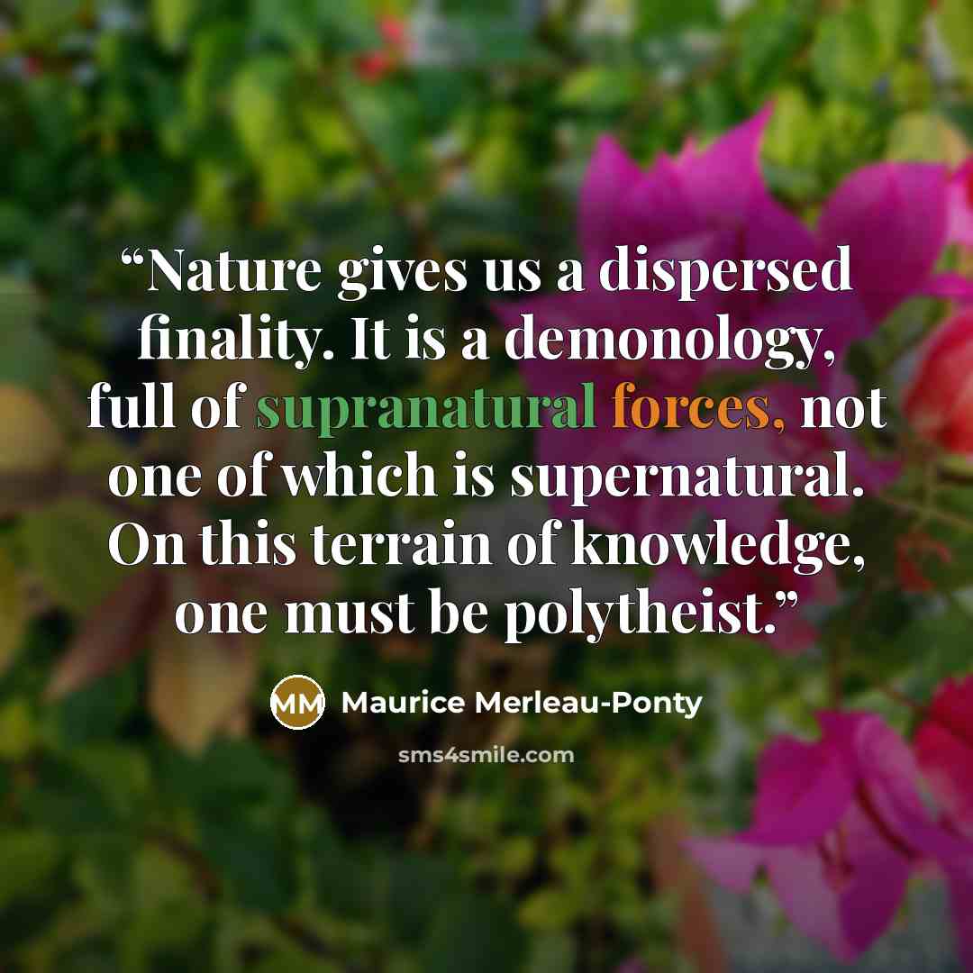 “Nature gives us a dispersed finality. It is a demonology, full of supranatural forces, not one of which is supernatural. On this terrain of knowledge, one must be polytheist.” quote by Maurice Merleau-Ponty