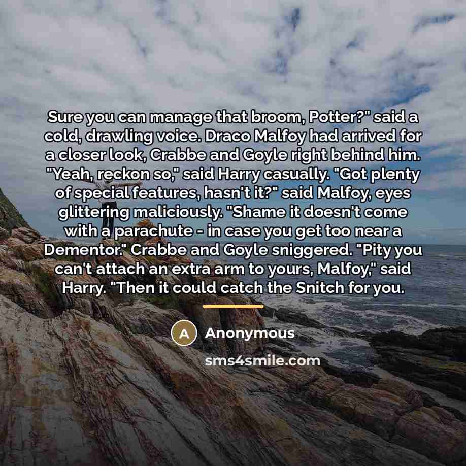 “Sure you can manage that broom, Potter?" said a cold,…” quote by Anonymous