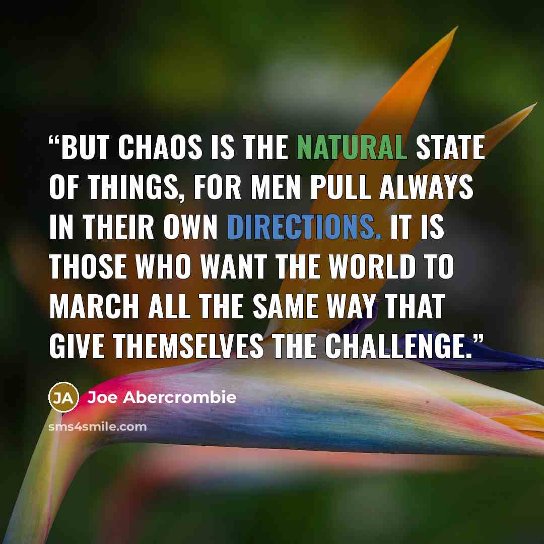 “But chaos is the natural state of things, for men pull always in their own directions. It is those who want the world to march all the same way that give themselves the challenge.” quote by Joe Abercrombie