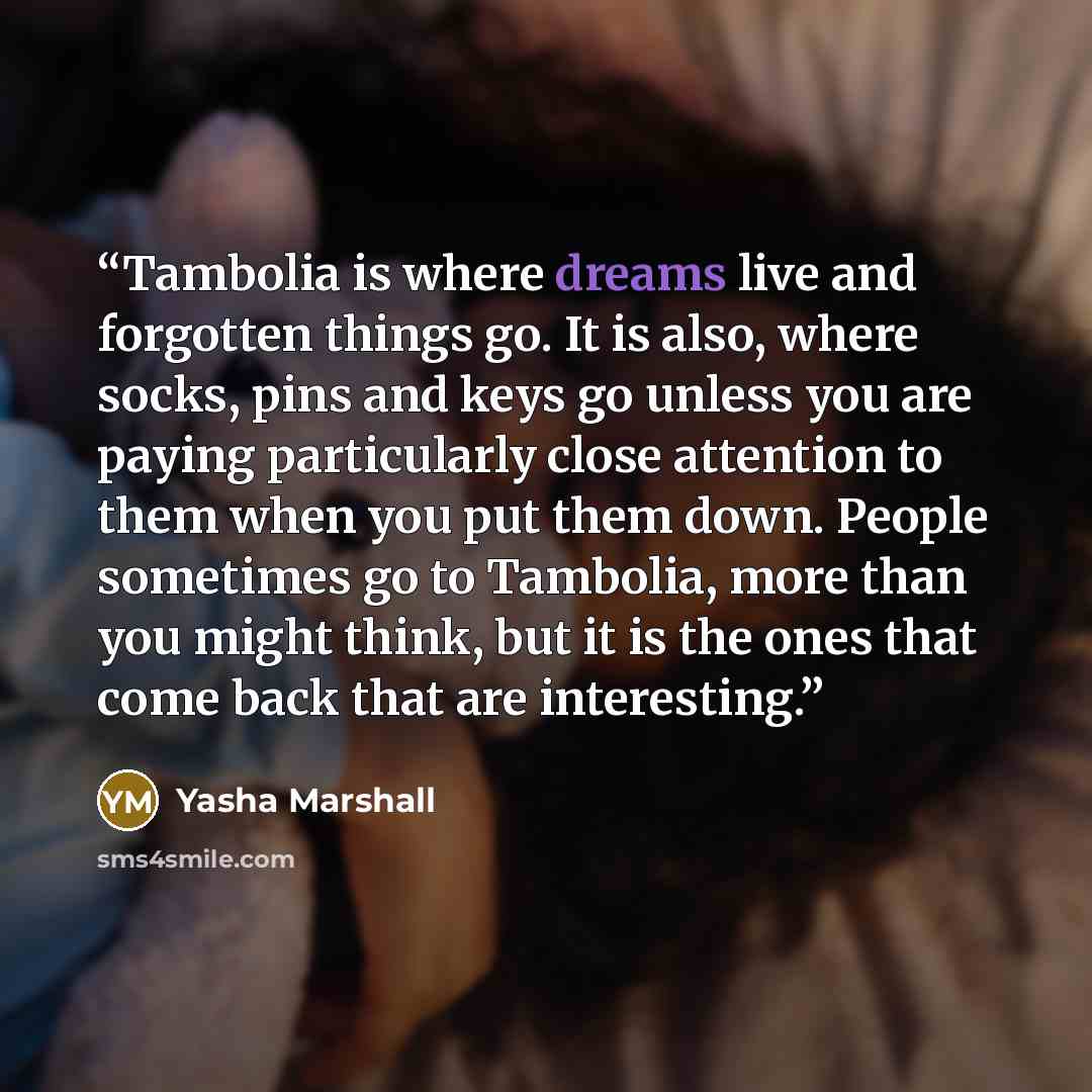 “Tambolia is where dreams live and forgotten things go. It is also, where socks, pins and keys go unless you are paying particularly close attention to them when you put them down. People sometimes go to Tambolia, more than you might think, but it is the ones that come back that are interesting.” quote by Yasha Marshall
