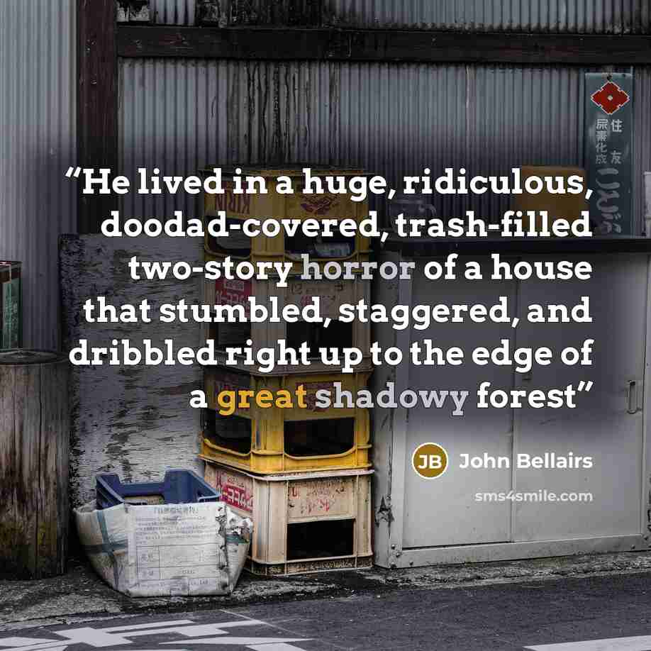 “He lived in a huge, ridiculous, doodad-covered, trash-filled two-story horror of a house that stumbled, staggered, and dribbled right up to the edge of a great shadowy forest” quote by John Bellairs