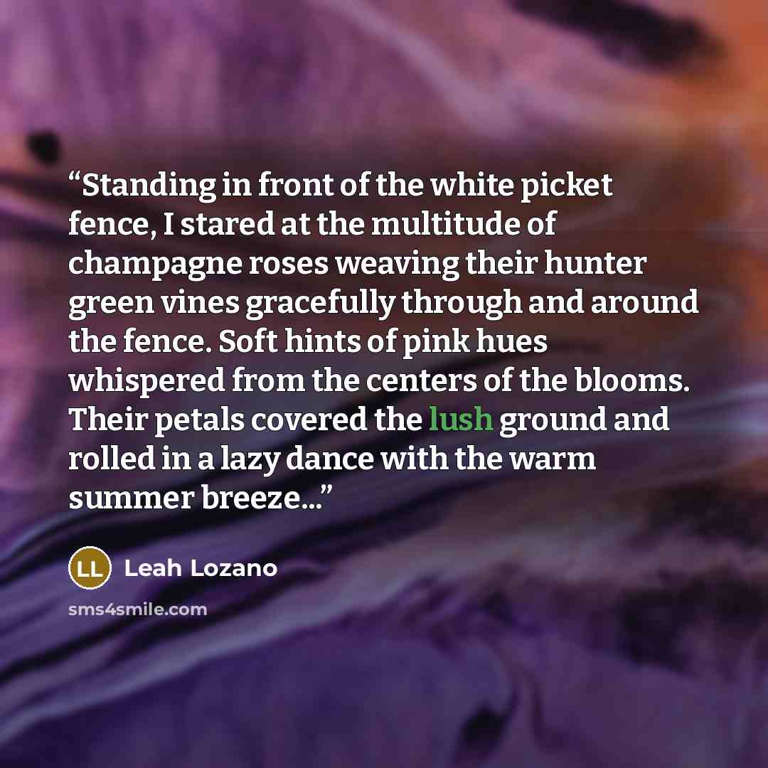 “Standing in front of the white picket fence, I stared at the multitude of champagne roses weaving their hunter green vines gracefully through and around the fence. Soft hints of pink hues whispered from the centers of the blooms. Their petals covered the lush ground and rolled in a lazy dance with…” quote by Leah Lozano