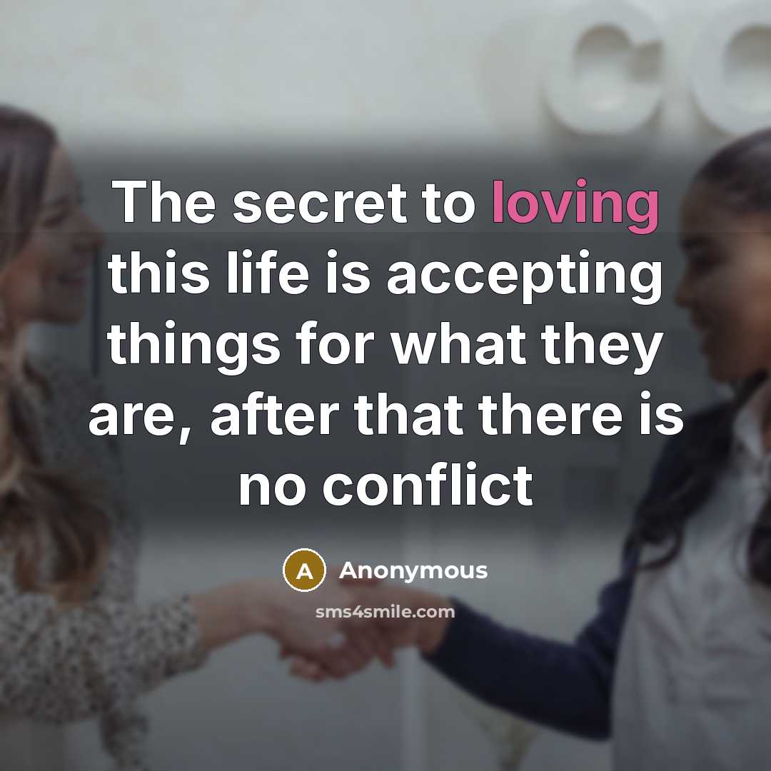 “The secret to loving this life is accepting things for what they are, after that there is no conflict” quote by Anonymous