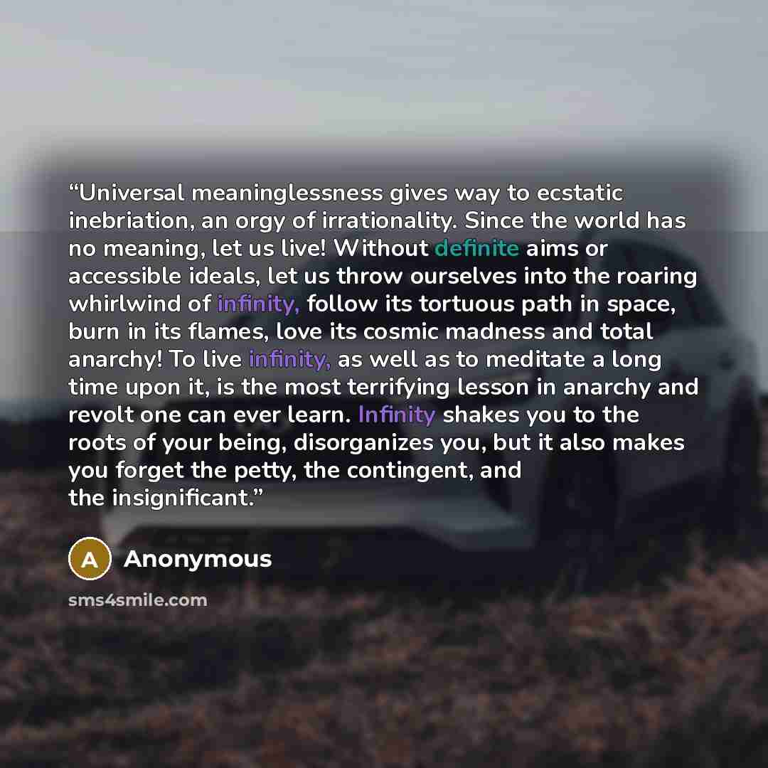“Universal meaninglessness gives way to ecstatic inebriation, an orgy of irrationality. Since the world has no meaning, let us live! Without definite aims or accessible ideals, let us throw ourselves into the roaring whirlwind of infinity, follow its tortuous path in space, burn in its flames, love…” quote by Anonymous