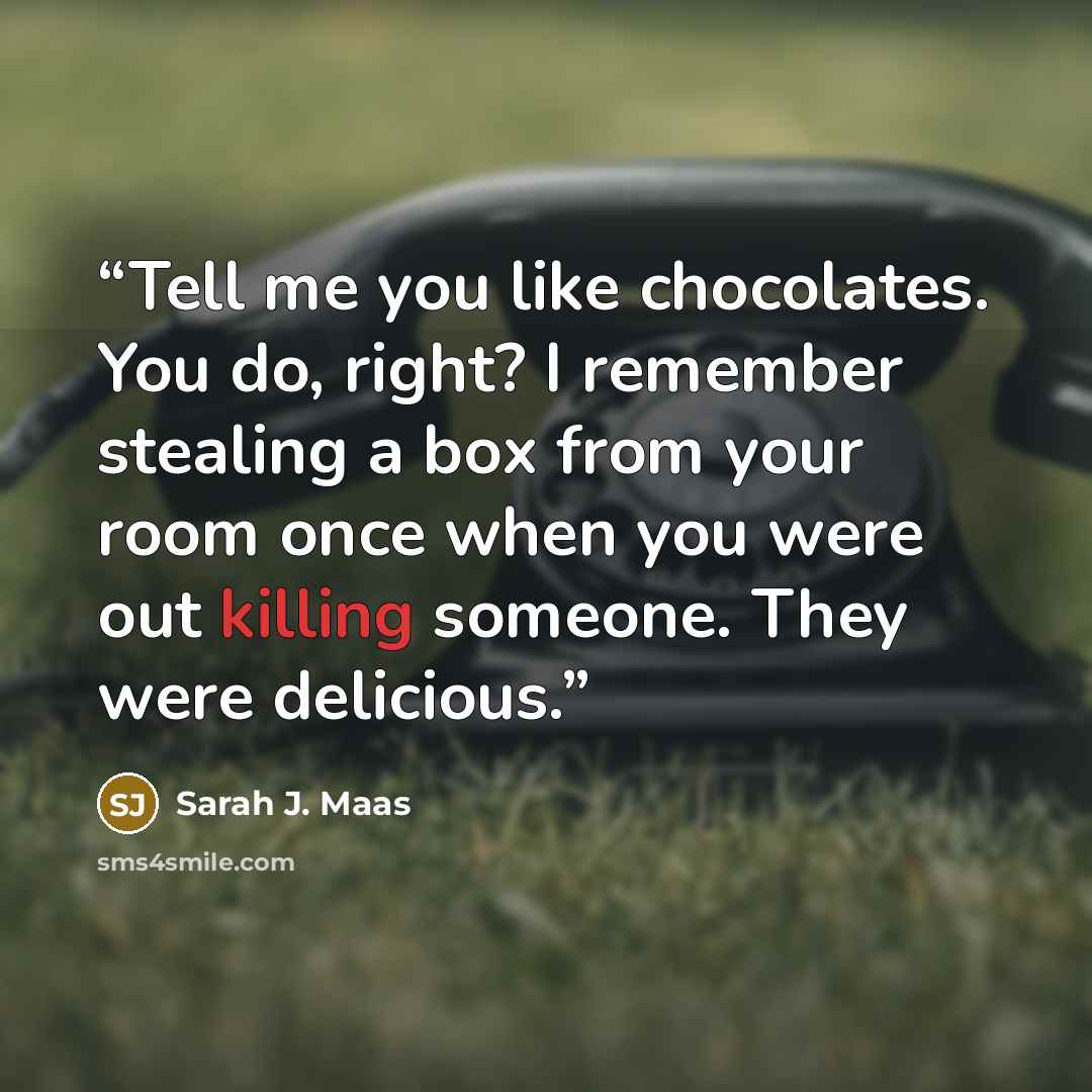 “Tell me you like chocolates. You do, right? I remember stealing a box from your room once when you were out killing someone. They were delicious.” quote by Sarah J. Maas