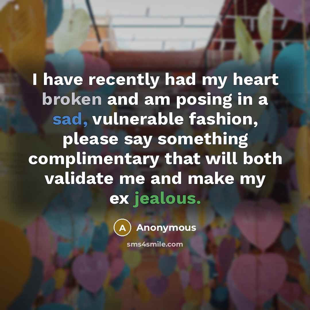 “I have recently had my heart broken and am posing in a sad, vulnerable fashion, please say something complimentary that will both validate me and make my ex jealous.” quote by Anonymous