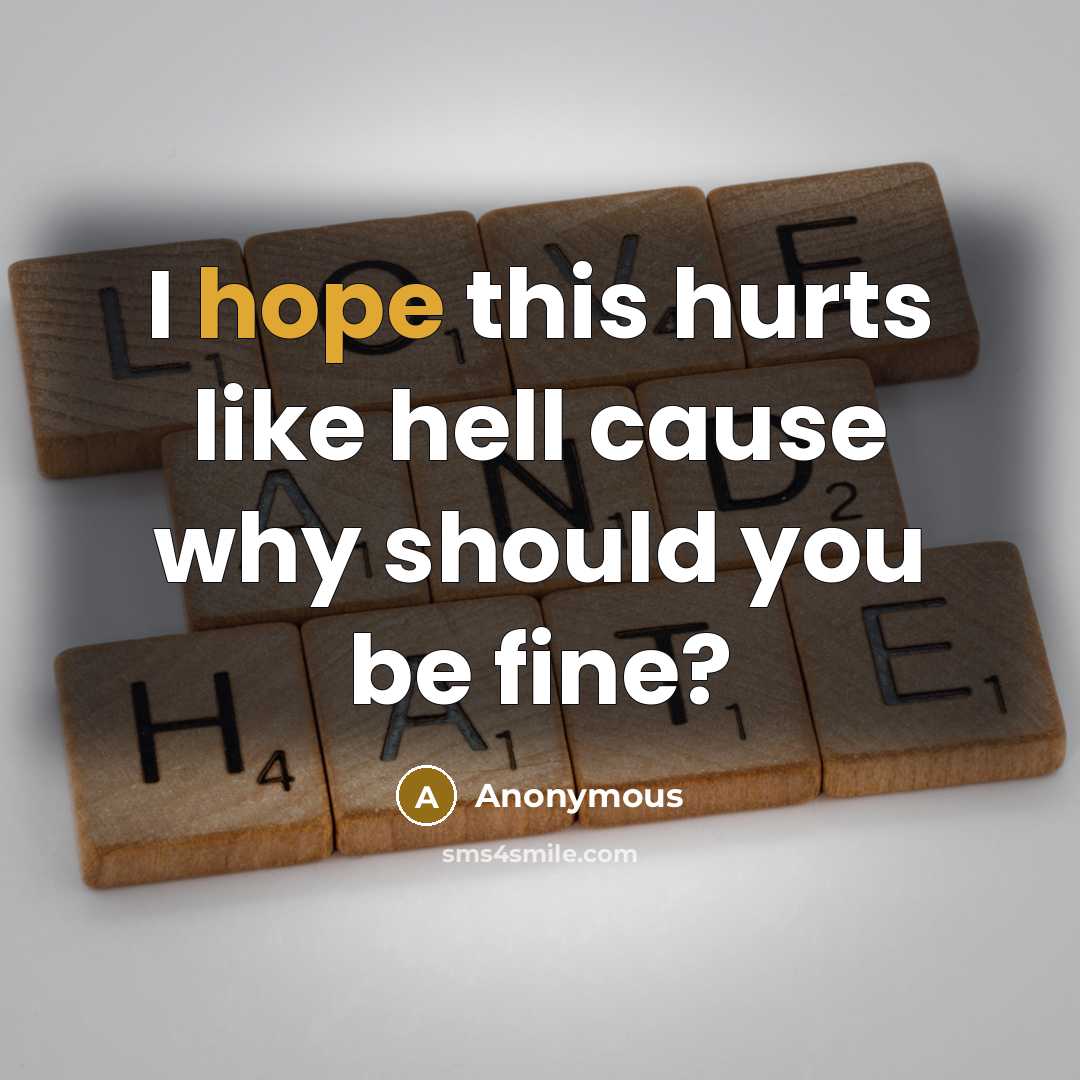 “I hope this hurts like hell cause why should you be fine?” quote by Anonymous