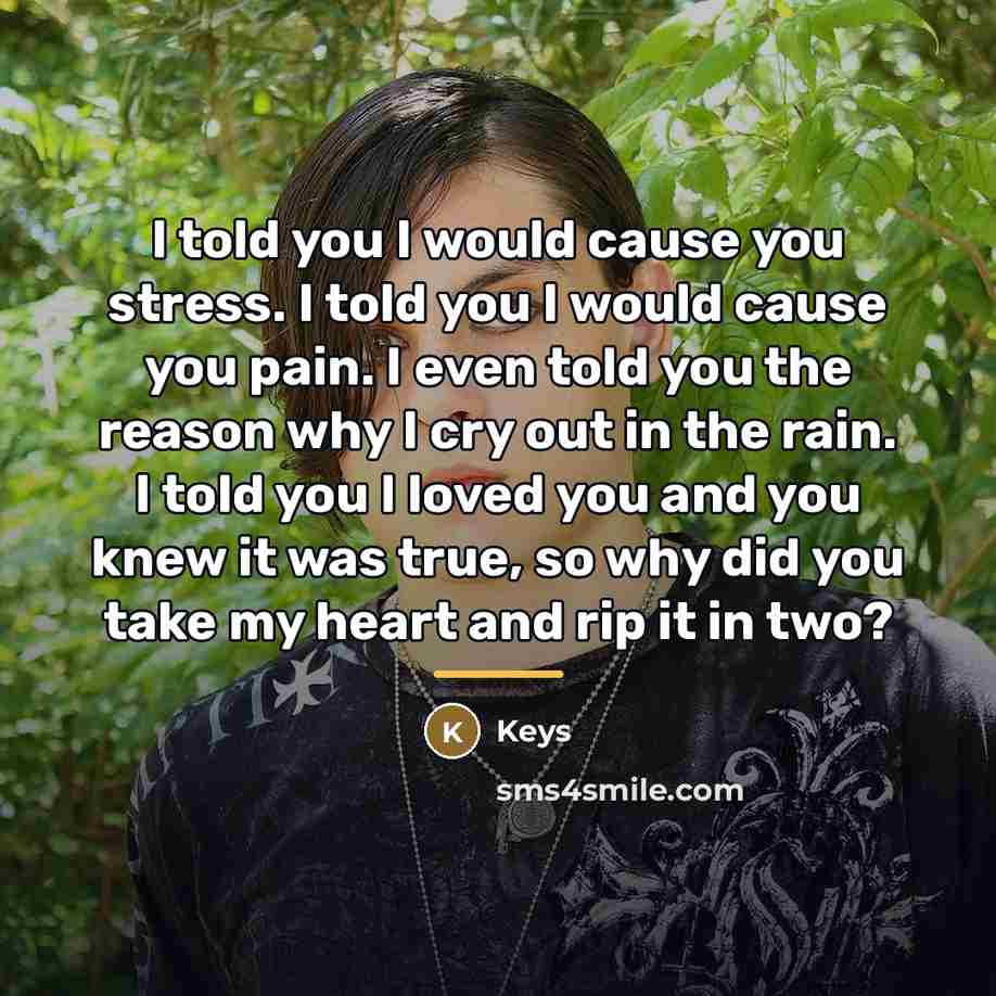 “I told you I would cause you stress. I told…” quote by Keys
