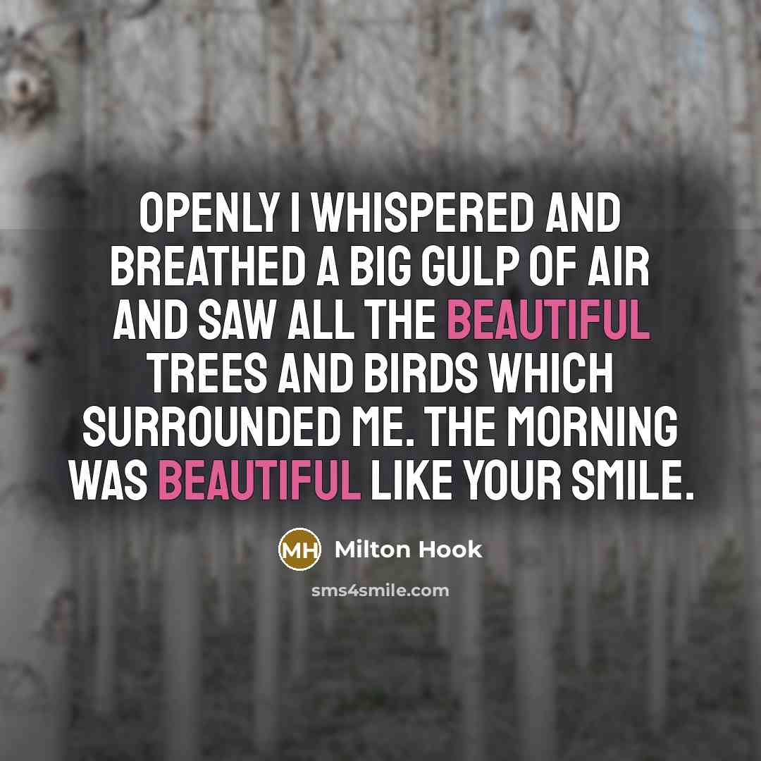 “Openly I whispered and breathed a big gulp of air and saw all the beautiful trees and birds which surrounded me. The morning was beautiful like your smile.” quote by Milton Hook