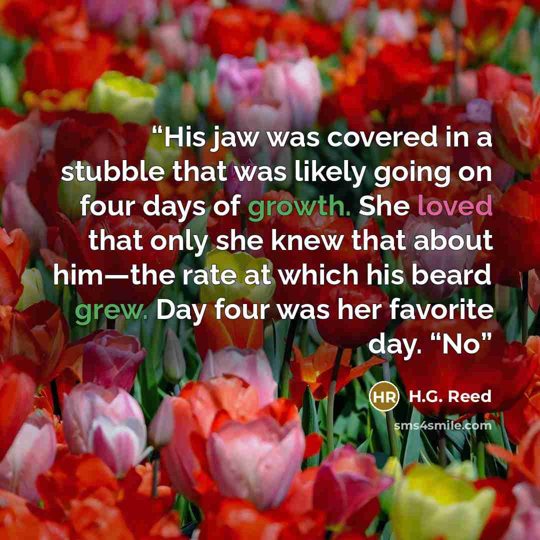“His jaw was covered in a stubble that was likely going on four days of growth. She loved that only she knew that about him—the rate at which his beard grew. Day four was her favorite day. “No” quote by H.G. Reed