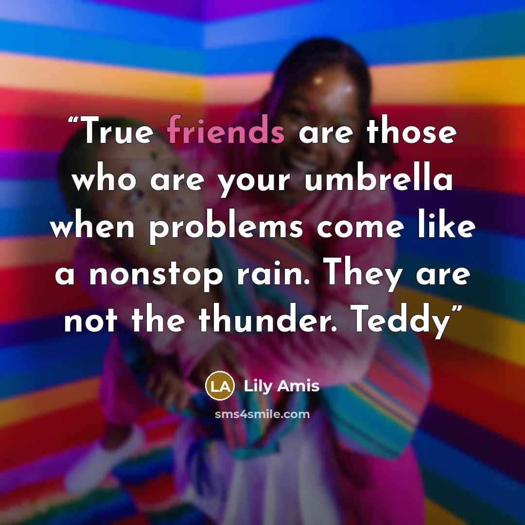 “True friends are those who are your umbrella when problems come like a nonstop rain. They are not the thunder. Teddy” quote by Lily Amis