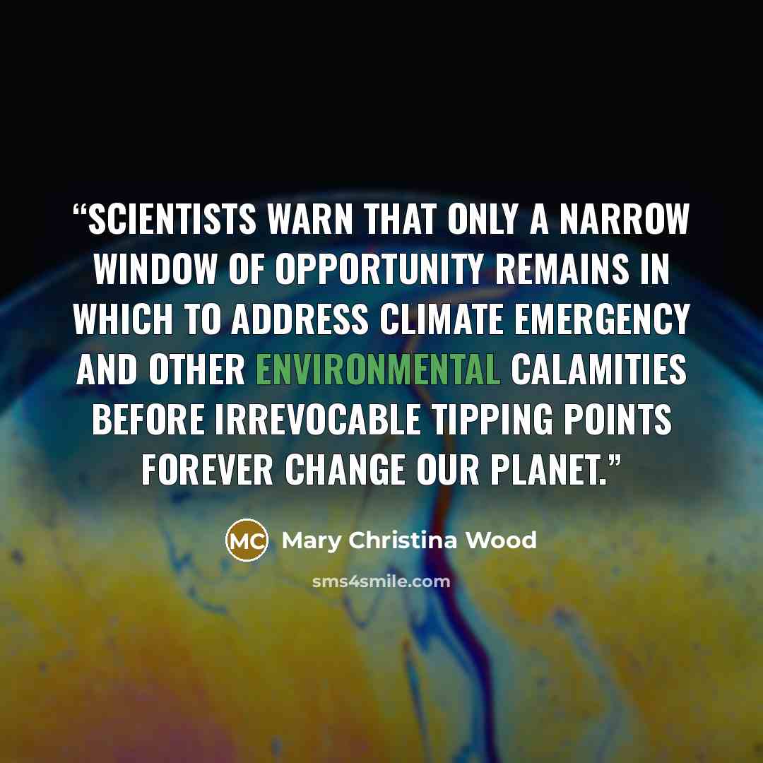 “Scientists warn that only a narrow window of opportunity remains in which to address climate emergency and other environmental calamities before irrevocable tipping points forever change our planet.” quote by Mary Christina Wood