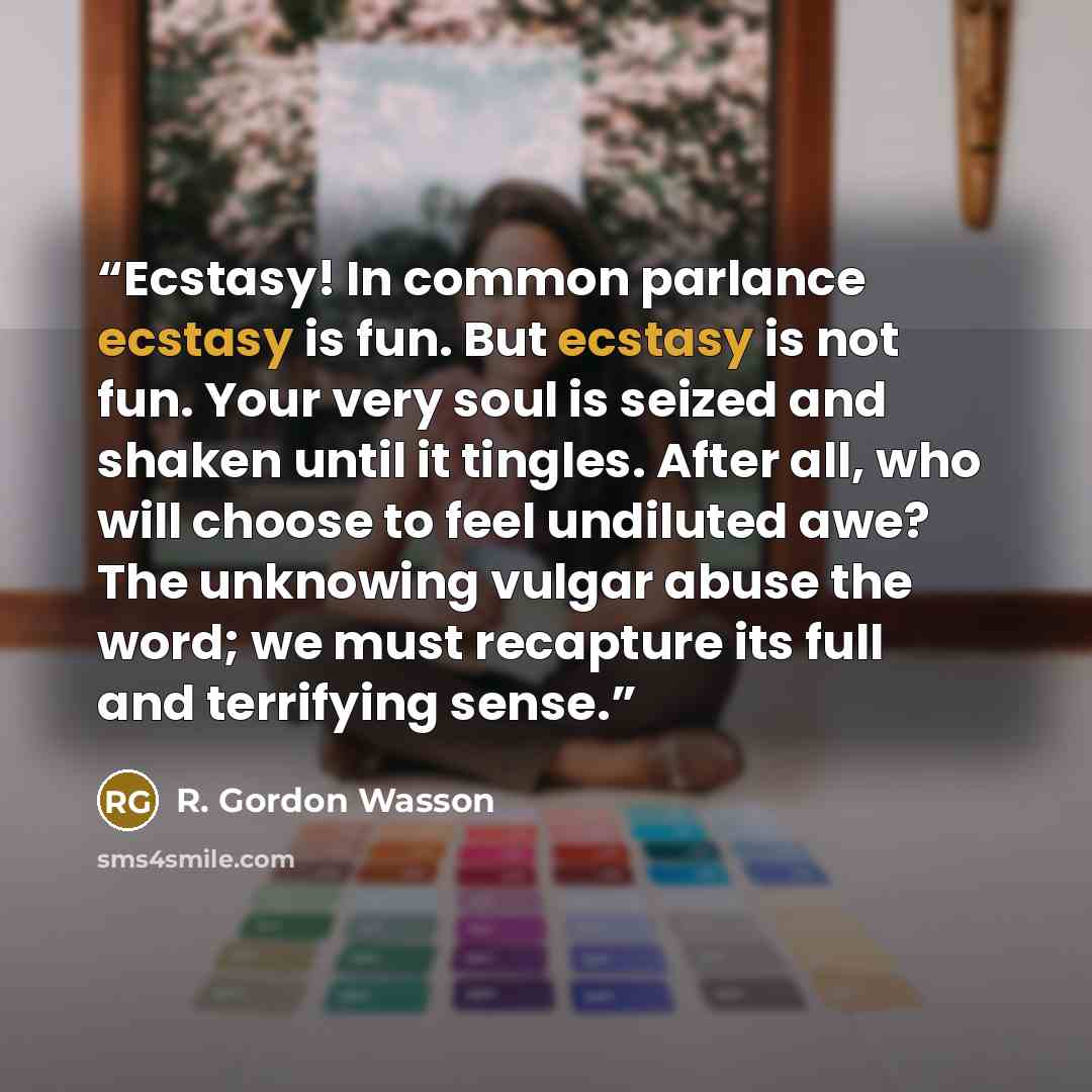 “Ecstasy! In common parlance ecstasy is fun. But ecstasy is not fun. Your very soul is seized and shaken until it tingles. After all, who will choose to feel undiluted awe? The unknowing vulgar abuse the word; we must recapture its full and terrifying sense.” quote by R. Gordon Wasson