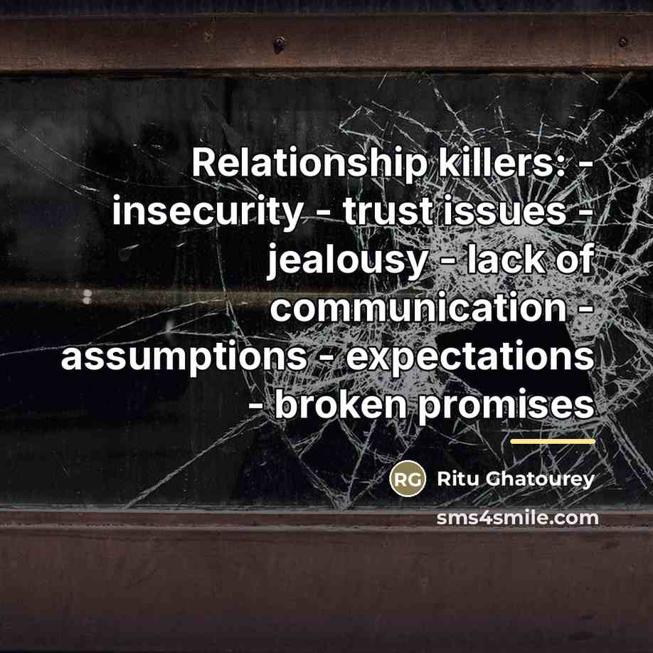 “Relationship killers: - insecurity - trust issues - jealousy -…” quote by Ritu Ghatourey