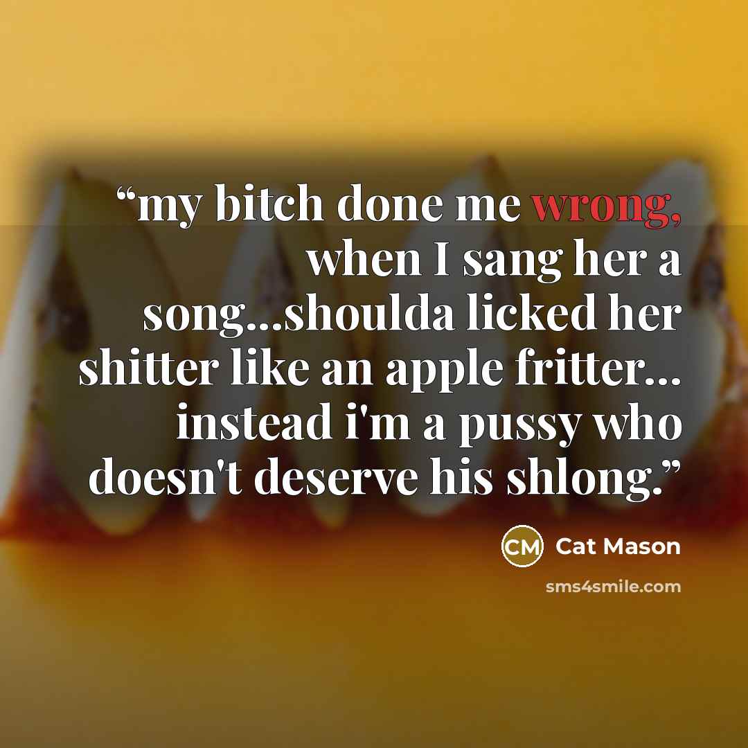 “my bitch done me wrong, when I sang her a song...shoulda licked her shitter like an apple fritter… instead i'm a pussy who doesn't deserve his shlong.” quote by Cat Mason