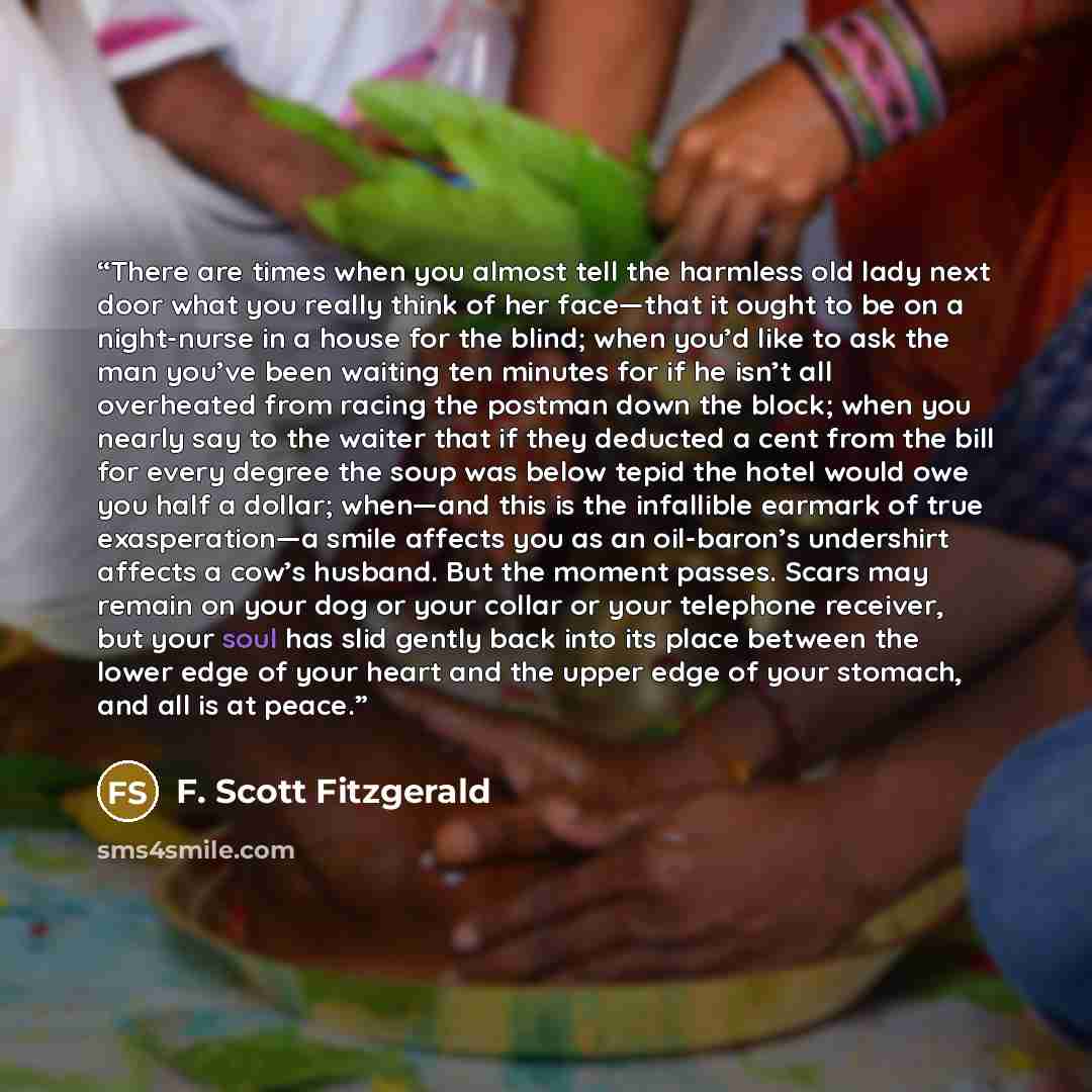 “There are times when you almost tell the harmless old lady next door what you really think of her face—that it ought to be on a night-nurse in a house for the blind; when you’d like to ask the man you’ve been waiting ten minutes for if he isn’t all overheated from racing the postman down the…” quote by F. Scott Fitzgerald