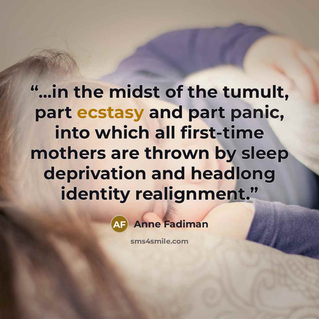 “...in the midst of the tumult, part ecstasy and part panic, into which all first-time mothers are thrown by sleep deprivation and headlong identity realignment.” quote by Anne Fadiman