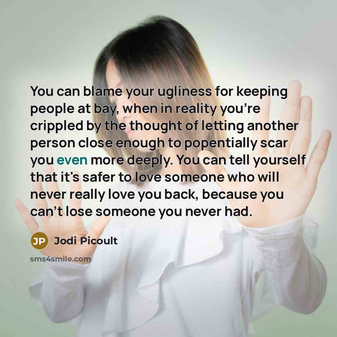 “You can blame your ugliness for keeping people at bay,…” quote by Jodi Picoult