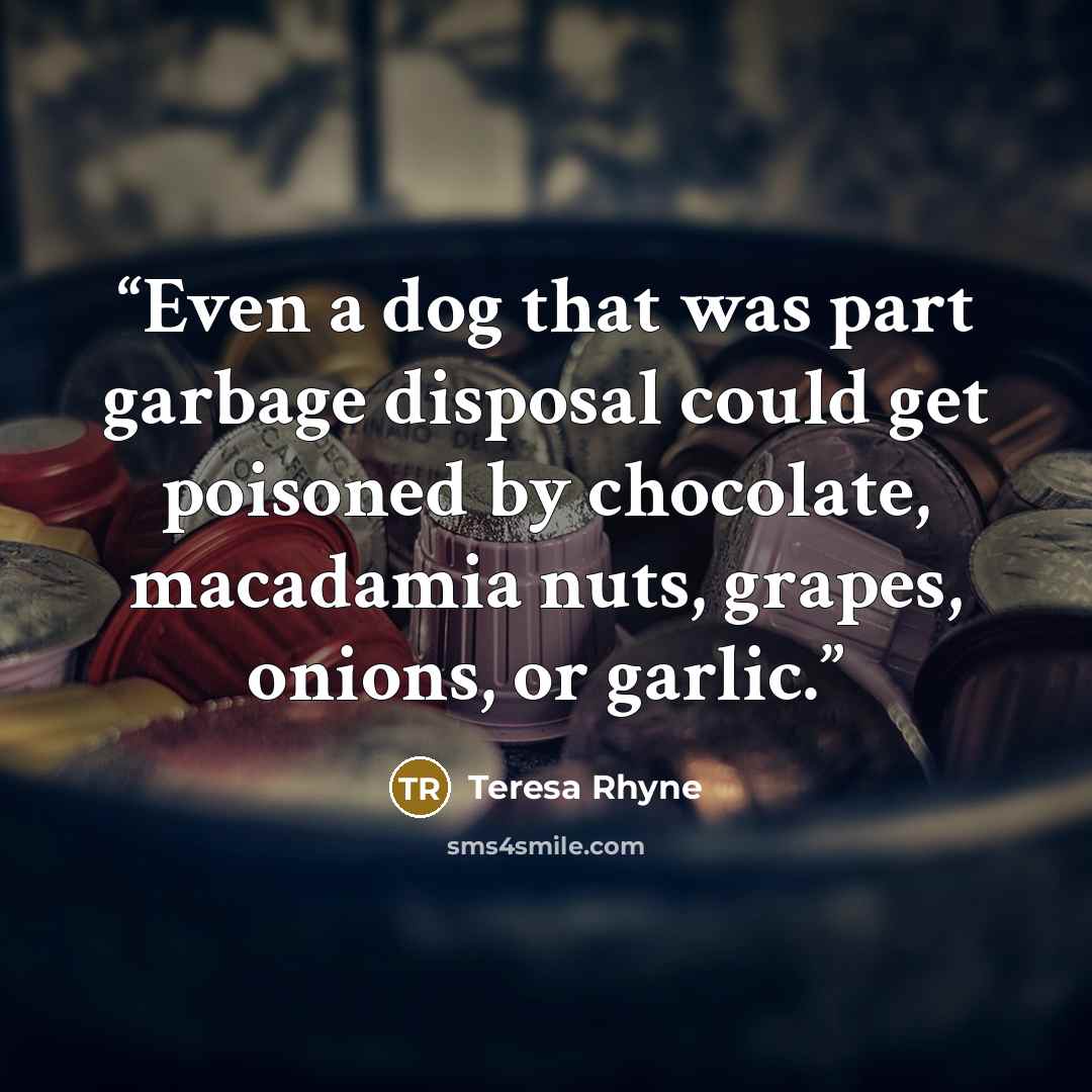 “Even a dog that was part garbage disposal could get poisoned by chocolate, macadamia nuts, grapes, onions, or garlic.” quote by Teresa Rhyne