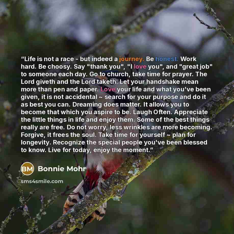 “Life is not a race - but indeed a journey. Be honest. Work hard. Be choosy. Say "thank you", "I love you", and "great job" to someone each day. Go to church, take time for prayer. The Lord giveth and the Lord taketh. Let your handshake mean more than pen and paper. Love your life and what you've…” quote by Bonnie Mohr